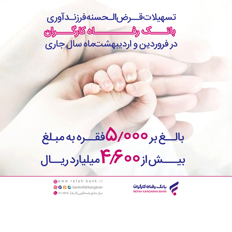 پرداخت بیش از 4,600 میلیارد ریال تسهیلات قرضالحسنه فرزندآوری از سوی بانک رفاه کارگران پرداخت بیش از 4,600 میلیارد ریال تسهیلات قرضالحسنه فرزندآوری از سوی بانک رفاه کارگران